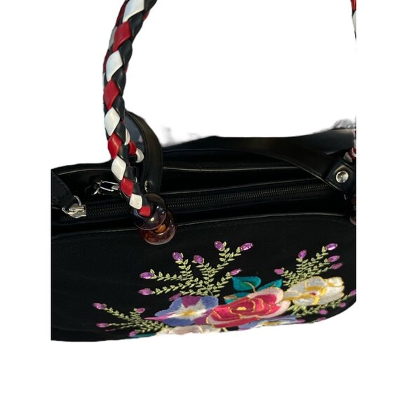 Vintage Floral Embroidered Canvas Handbag – Boho Braided Handles – Removable Str - Picture 3 of 7